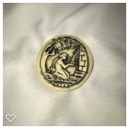 a082-Late 20th Century Vintage Celluloid Button of Carved Scene of Lady, Tree and Building