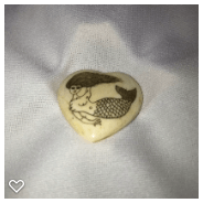 b043-Late 20th Century Carved Scrimshaw Bone Button - Mermaid/Heart Shape