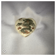 b045-Late 20th Century Carved Scrimshaw Bone Button - Dragon/Heart Shape