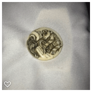 b048-Late 20th Century Carved Scrimshaw Bone Button - Rat & Bottle of Ink