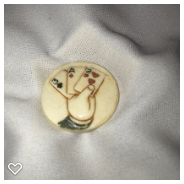 b050-Late 20th Century Carved Scrimshaw Bone Button - Hand Holding Three Cards